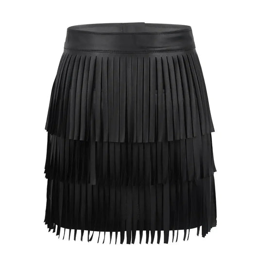 Women Leather Skirt - Layered Fringe Tassel Skirt -Guocali