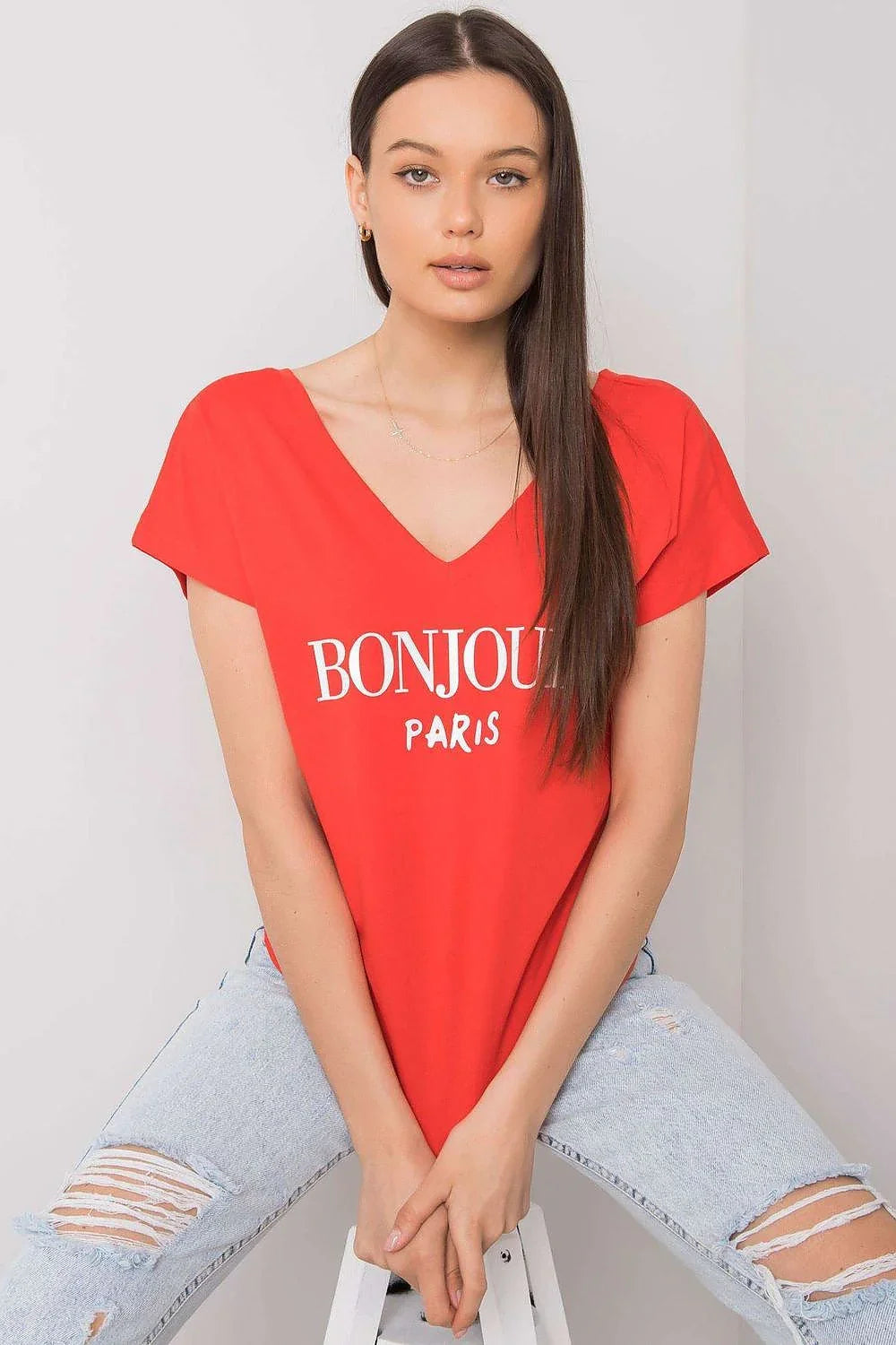 Women V-Neck Short-Sleeves T-Shirt – Breathable - Red, White -Guocali
