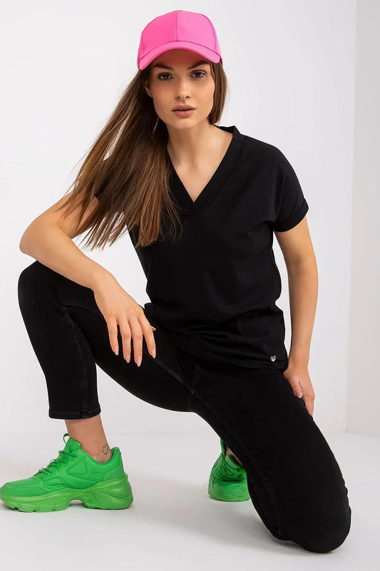 Women V-Neck Short-Sleeves T-Shirt – Stretchable - Black -Guocali