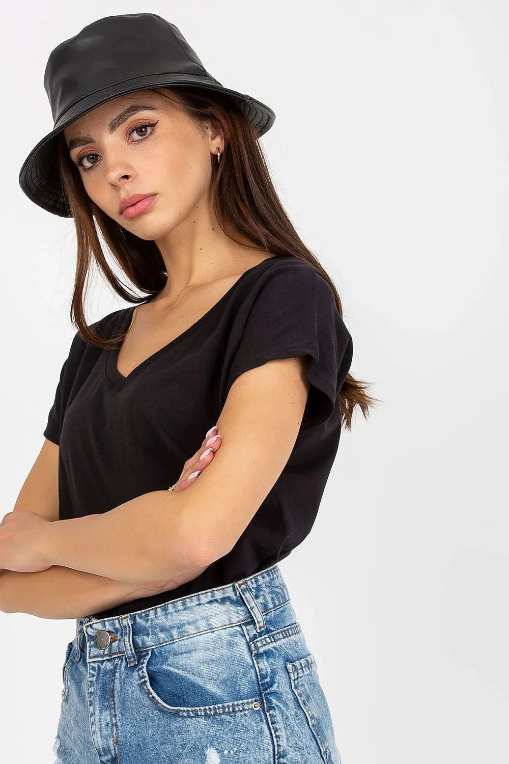 Women V-Neck Short-Sleeves T-Shirt – Stretchable - Black -Guocali