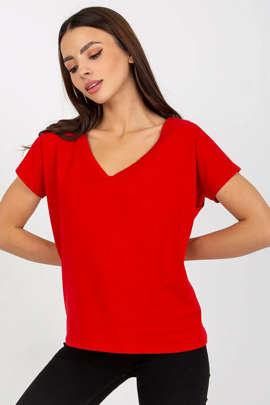 Women V-Neck Short-Sleeves T-Shirt – Stretchable - Red -Guocali