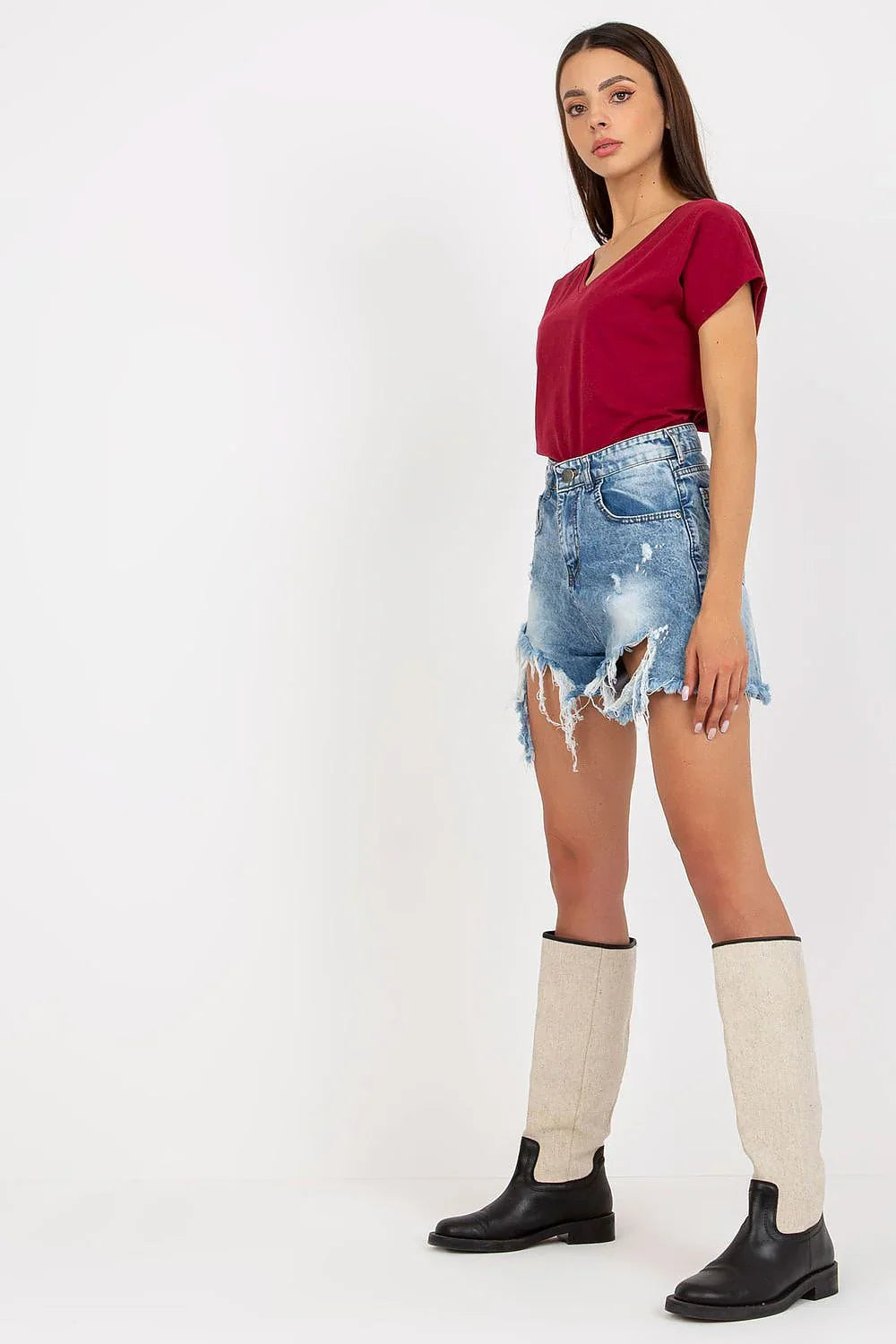 Women V-Neck Short-Sleeves T-Shirt – Stretchable - Red -Guocali