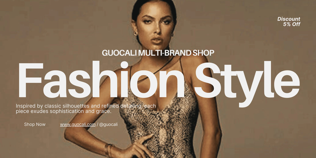 Woman in luxury dress posing for Guocali multi-brand fashion shop online ad