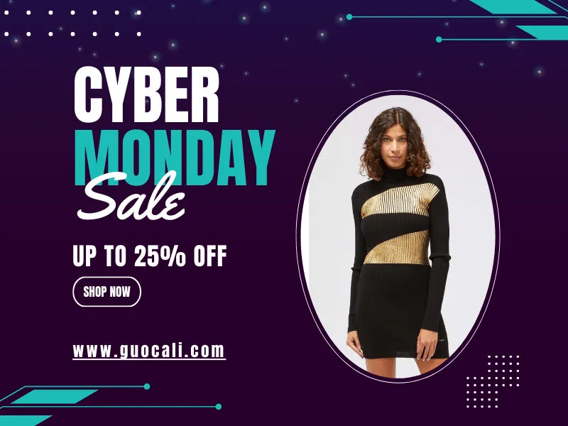GUOCALI Cyber Monday sale banner with up to 25% off, featuring a woman in a black and gold dress