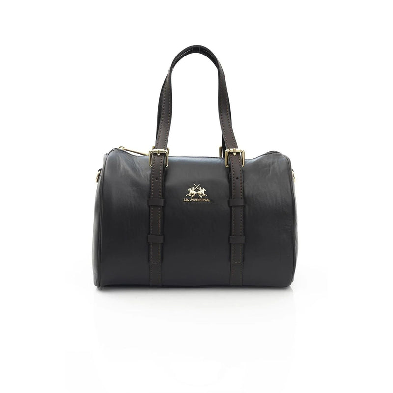 Black leather duffel bag with gold hardware and La Martina logo, GUOCALI Paris fashion