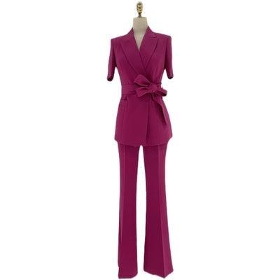 Women's magenta tailored pantsuit with short sleeves and waist tie by GUOCALI Paris
