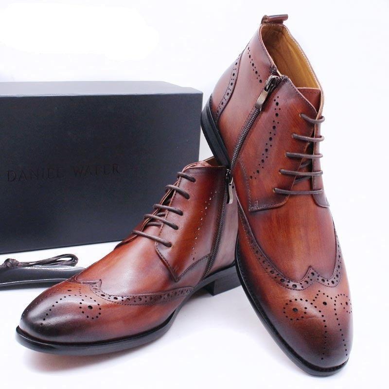 Men's brown leather dress boots with brogue detailing, GUOCALI luxury shoe collection