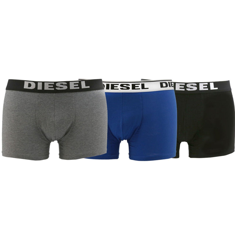 Men's boxer shorts set in grey, blue, and black with branded waistbands, contemporary fashion.