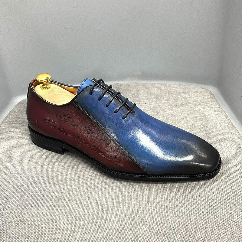 GUOCALI men's dress shoe in blue, black, and burgundy leather with script detail, luxury fashion