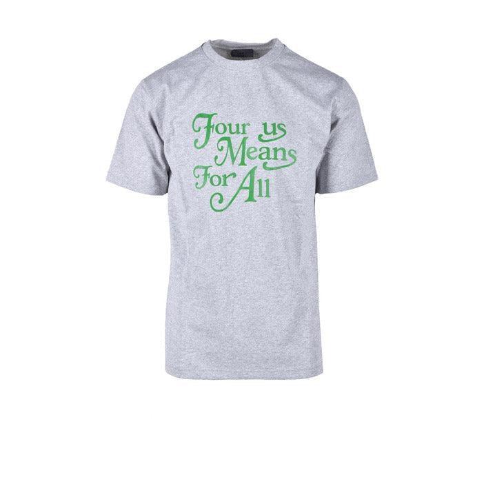 Men’s grey short sleeve t-shirt with green 'Four us Means For All' text, GUOCALI Paris fashion
