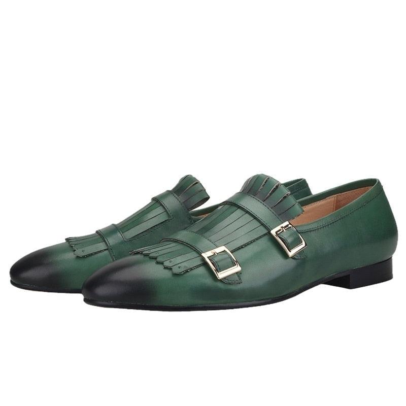 Men’s green monk strap shoes with fringe detail and gold buckles, luxury GUOCALI footwear