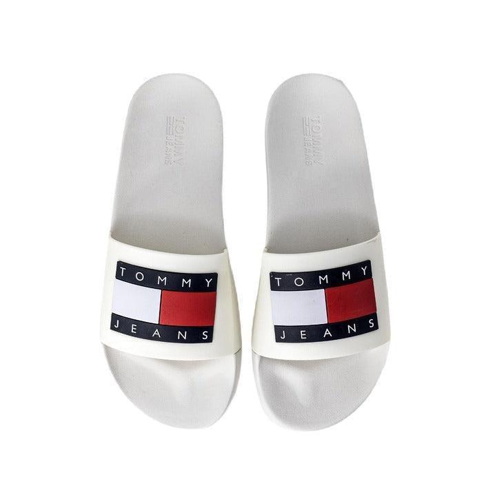 White Tommy Jeans logo sandals for men and women, designer slide shoes at GUOCALI Paris