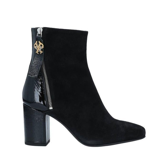 GUOCALI black suede and leather heeled boot for women with side zipper and gold logo detail