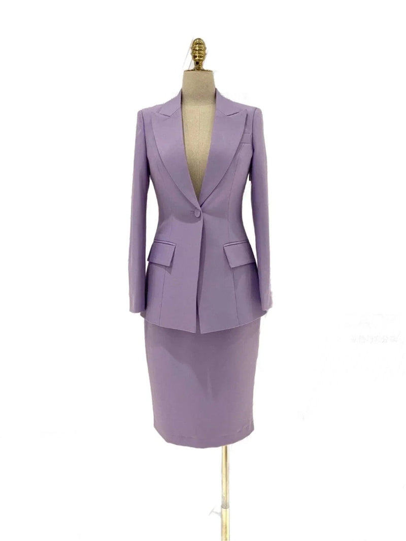 Lavender women's blazer and skirt suit displayed on mannequin, GUOCALI luxury fashion