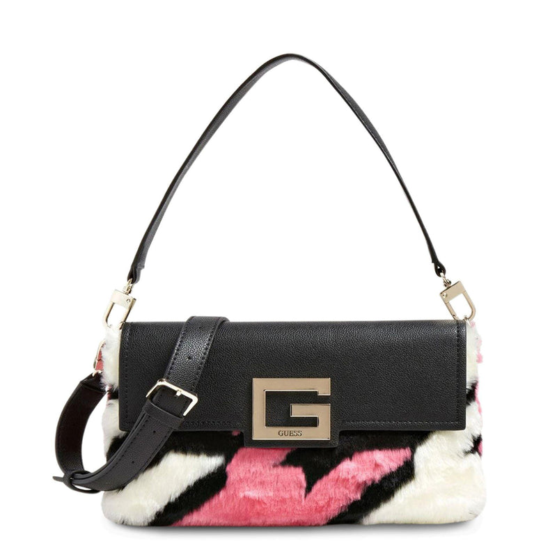 Designer women's black leather shoulder bag with pink, black, and white fur, GUOCALI