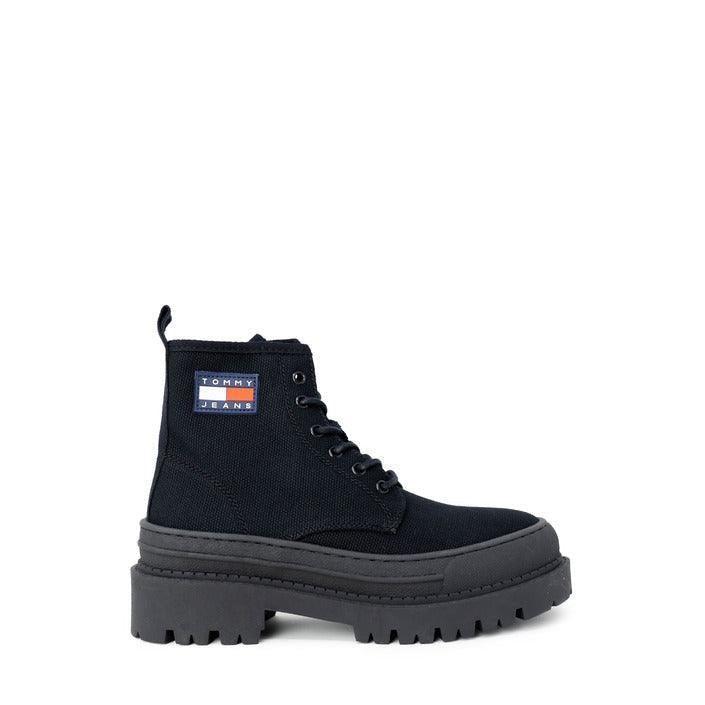 Black women's lace-up boot with chunky sole, Tommy Jeans patch, on white background
