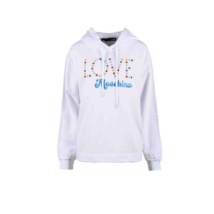 White LOVE Moschino women's hoodie with colorful dot lettering, branded fashion at GUOCALI