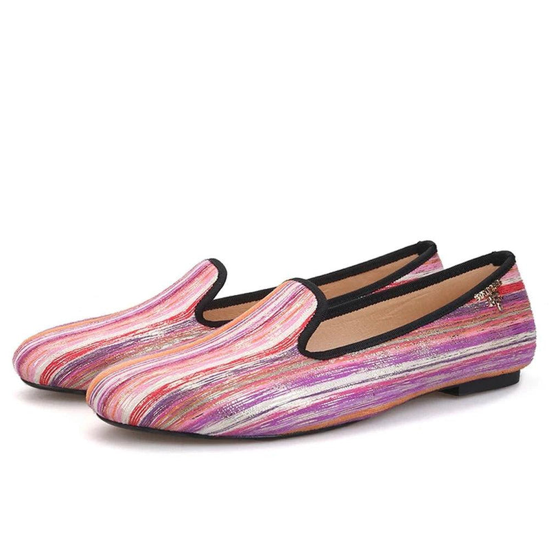 GUOCALI women's loafers with multicolor striped pattern and black trim, contemporary fashion