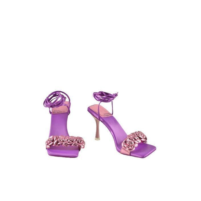 Purple women's designer high heel sandals with floral accents by GUOCALI Paris
