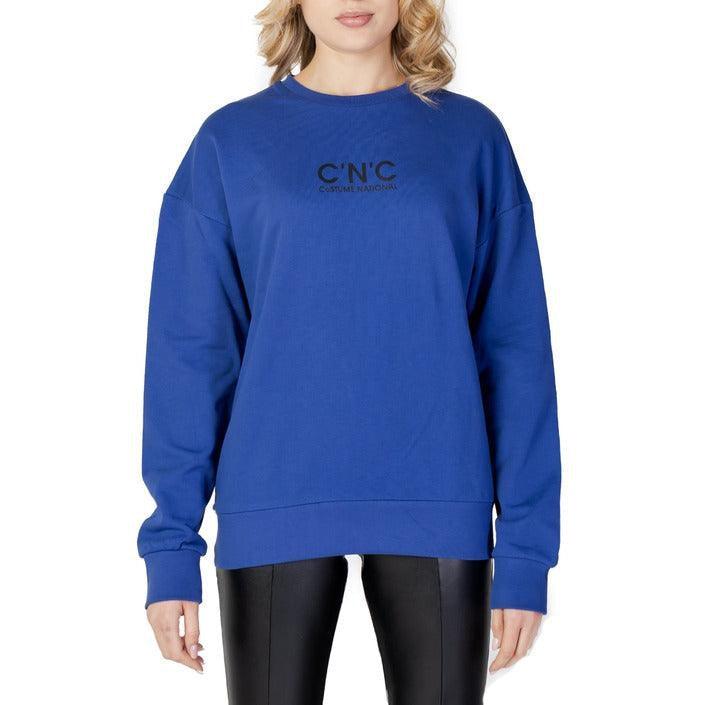 Woman wearing blue designer sweatshirt with black text, GUOCALI women's fashion collection