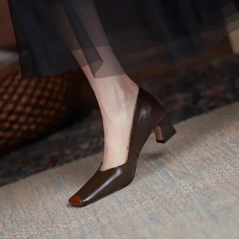 Leather Square Toe Women Pumps