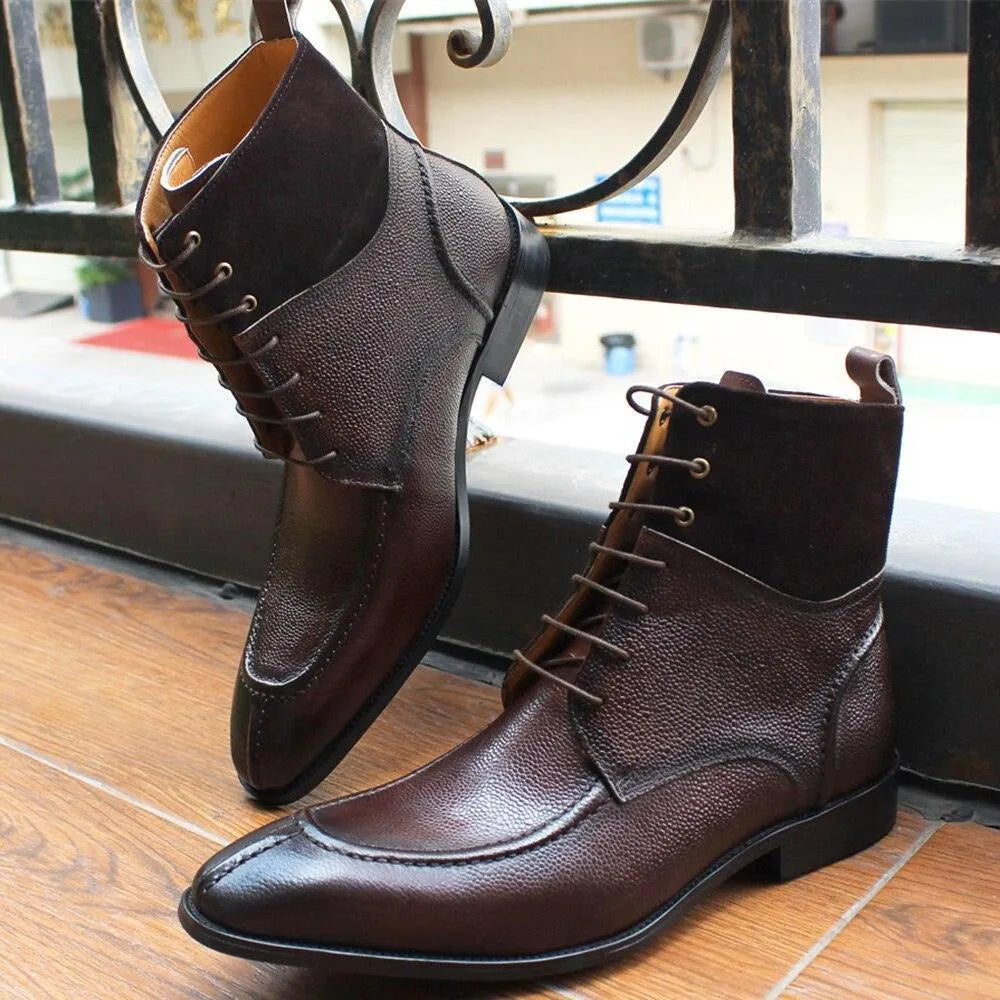 Men's Boots - Block Ankle Boots - Leather