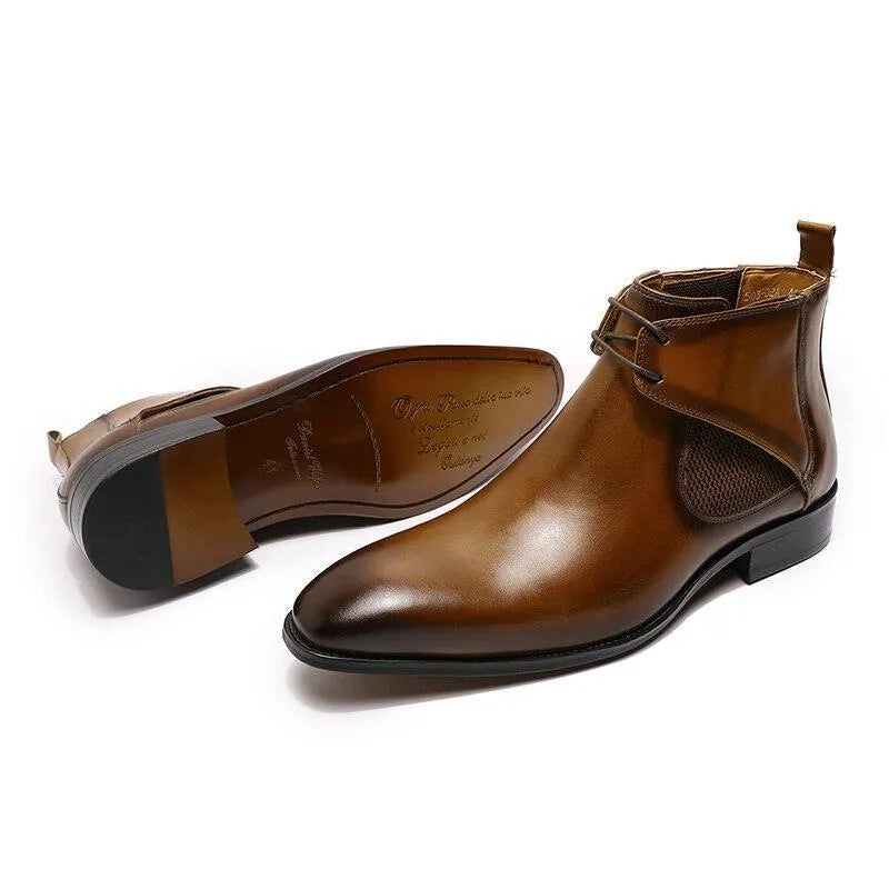 Men's Boots - Block Ankle Boots - Leather