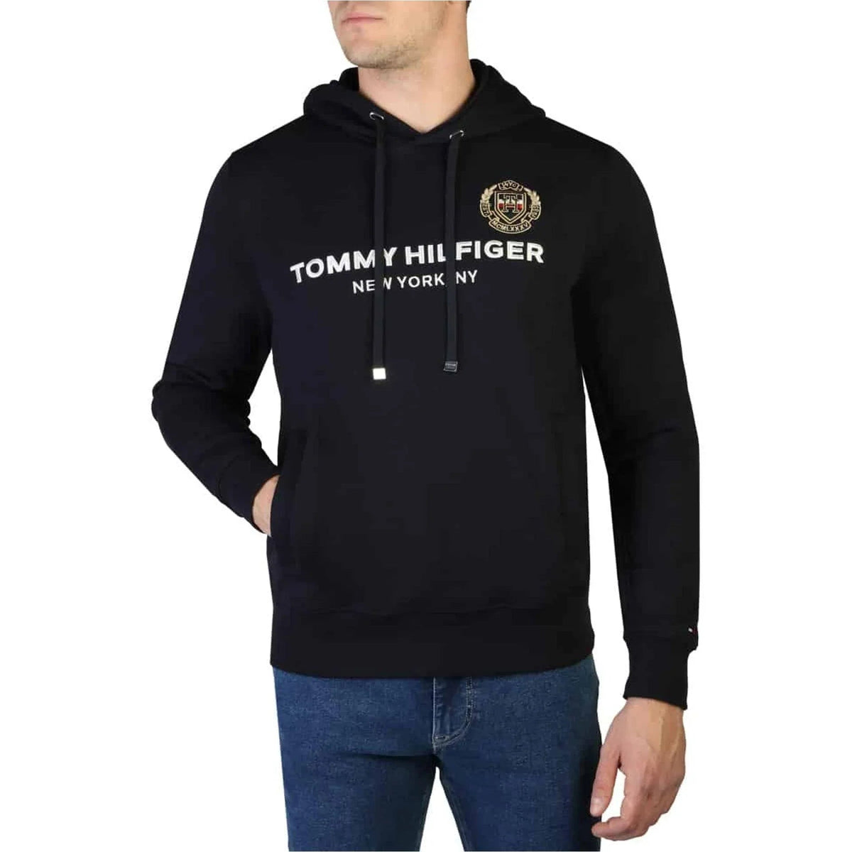 Man in a navy pullover hoodie with a gold crest and white logo lettering fashion image