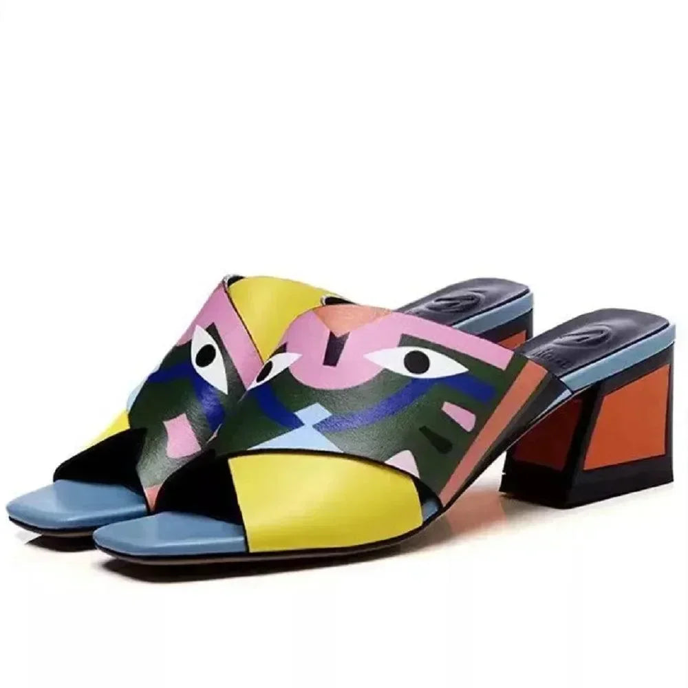 Women Graffiti Print Block Heel Sandals
