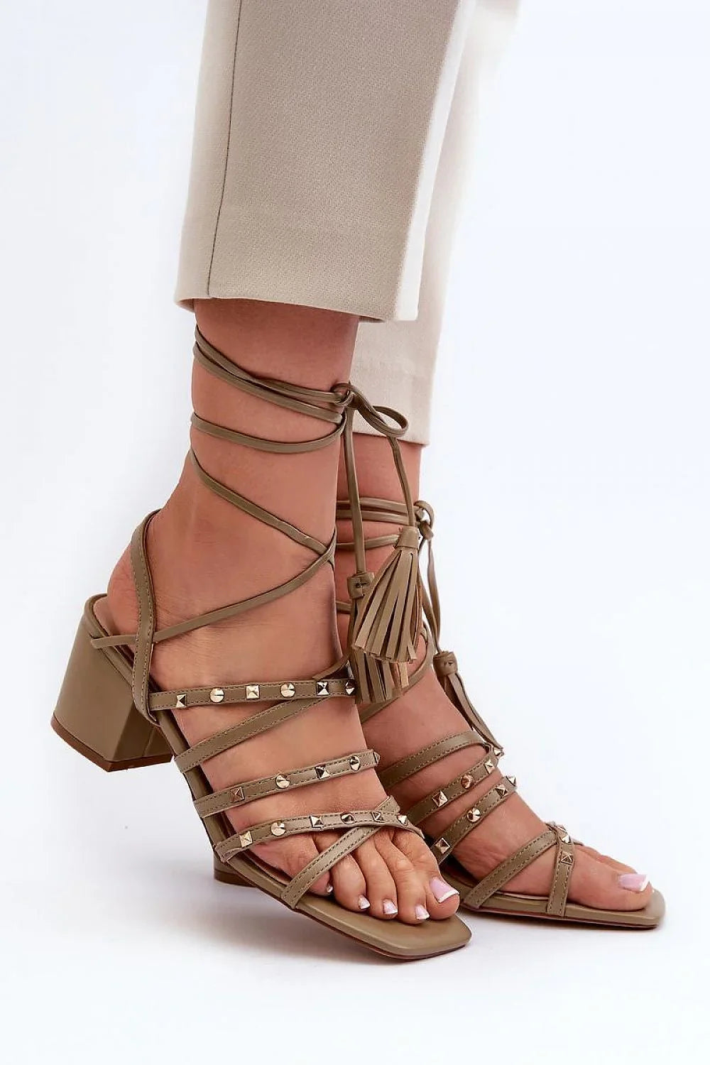 Women Lace-Up Caged Block Heel Sandals