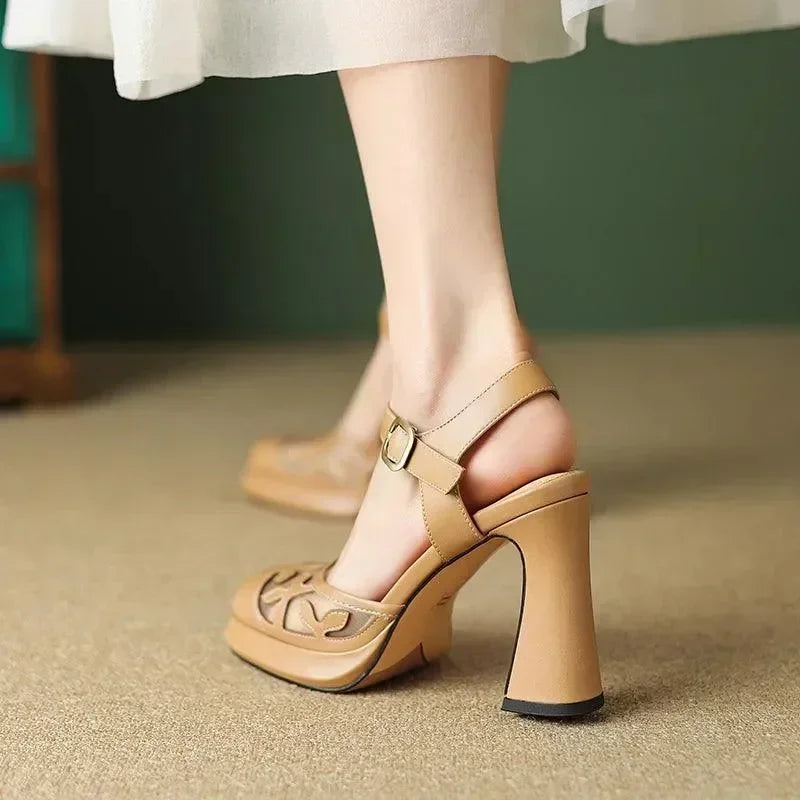 Women Leather Floral Block Heel Sandals