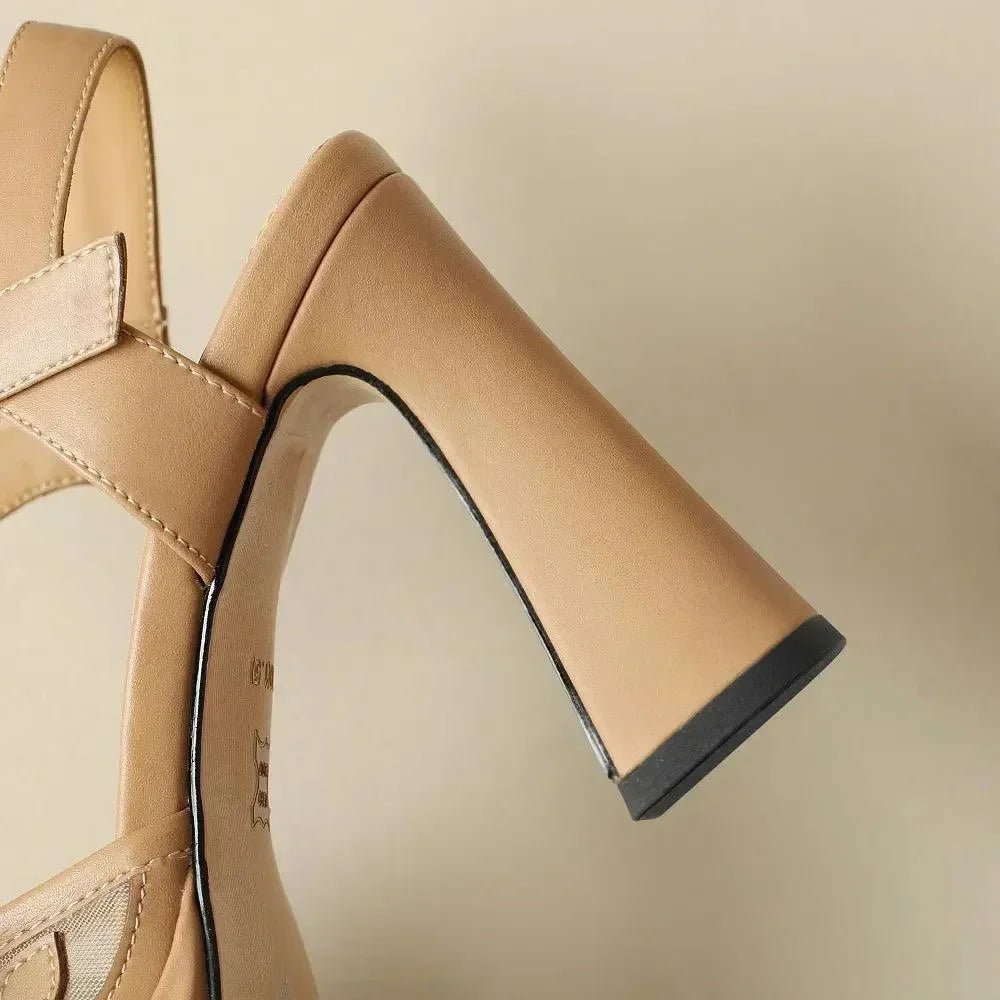 Women Leather Floral Block Heel Sandals