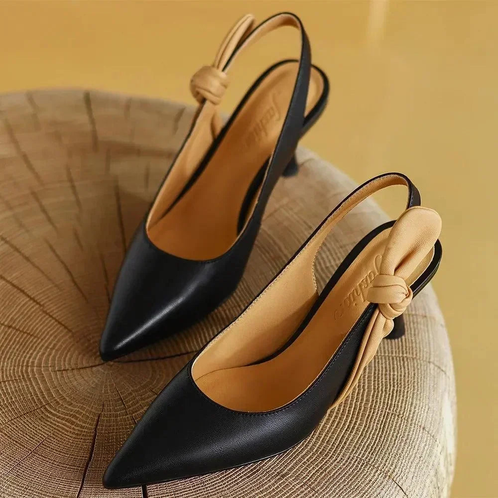 Women Leather Knot Slingback Kitten Heels