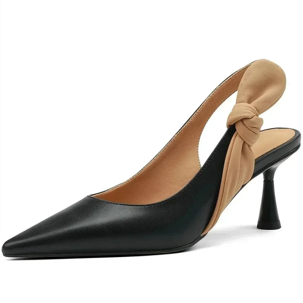 Women Leather Knot Slingback Kitten Heels