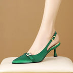 Women Leather Pointed Toe Slingback Heels