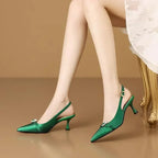 Women Leather Pointed Toe Slingback Heels