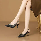 Women Leather Pointed Toe Slingback Heels
