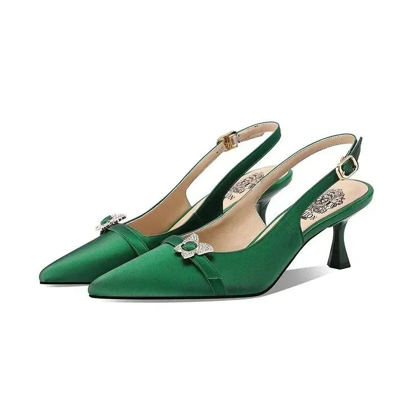 Women Leather Pointed Toe Slingback Heels