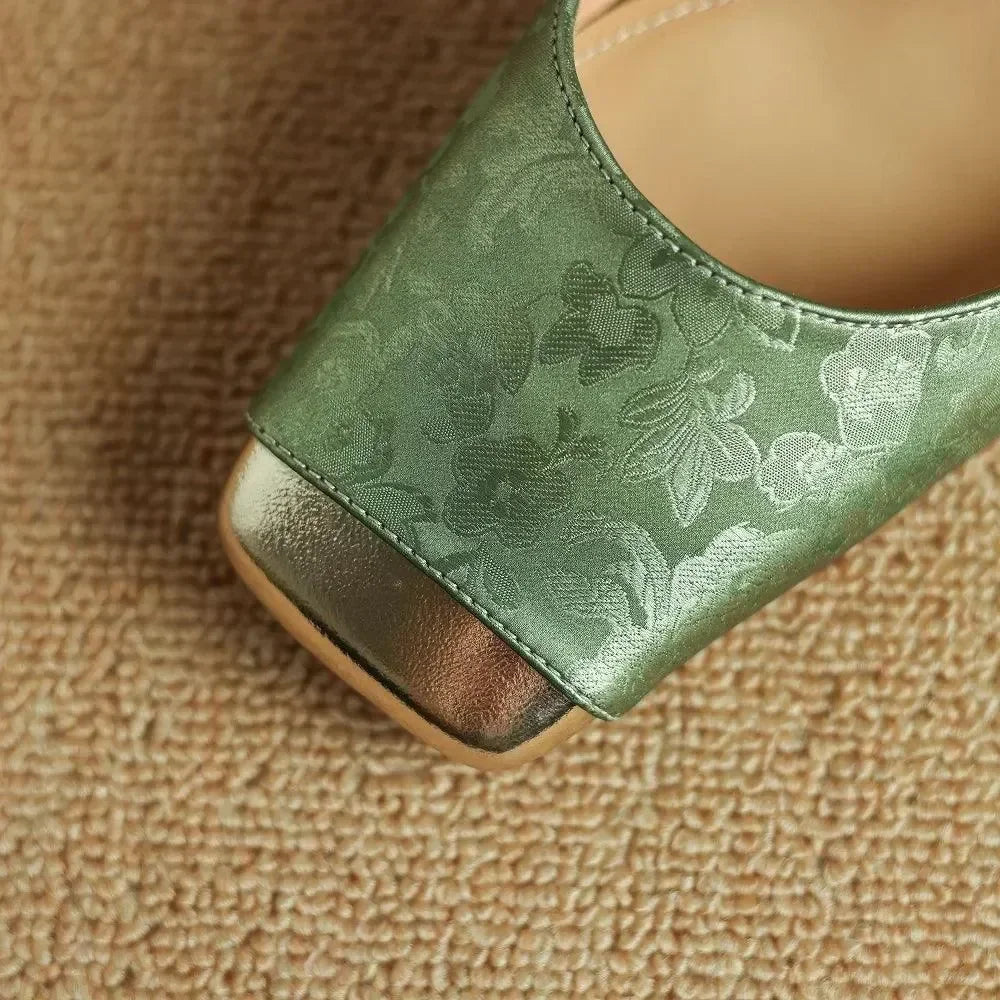 Women Leather Square Toe Block Heel Sandals