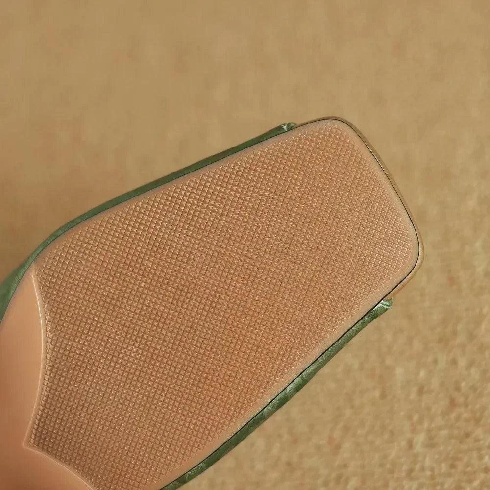 Women Leather Square Toe Block Heel Sandals