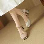 Women Leather Square Toe Block Heel Sandals