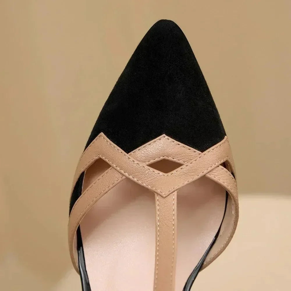 Women Leather T-Strap Block Heel Sandals