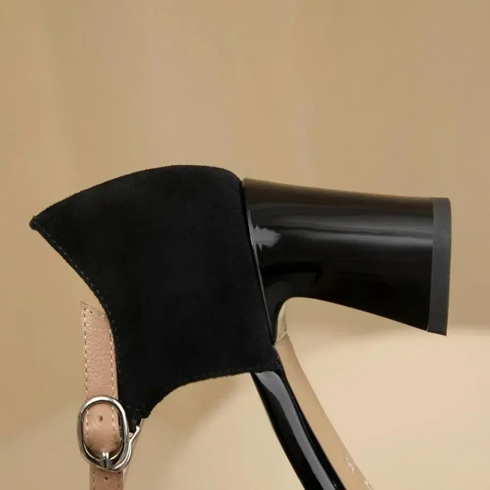 Women Leather T-Strap Block Heel Sandals