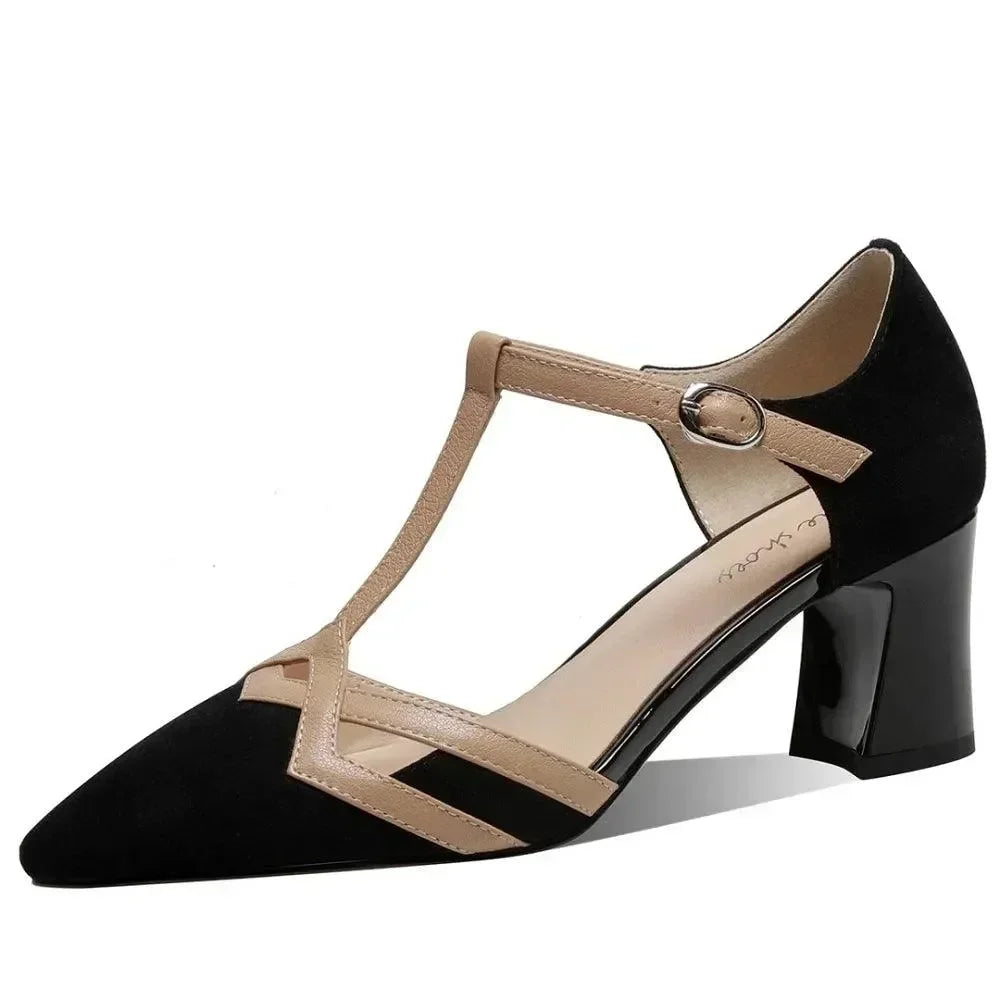Women Leather T-Strap Block Heel Sandals