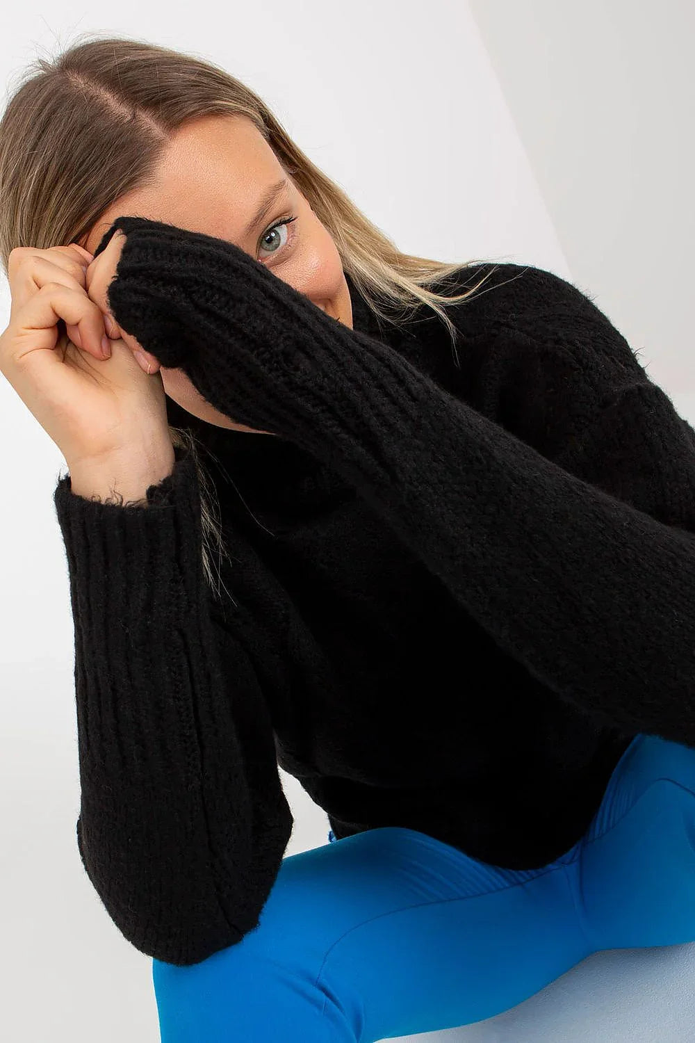 Women Openwork Waist-Length Turtleneck Sweater