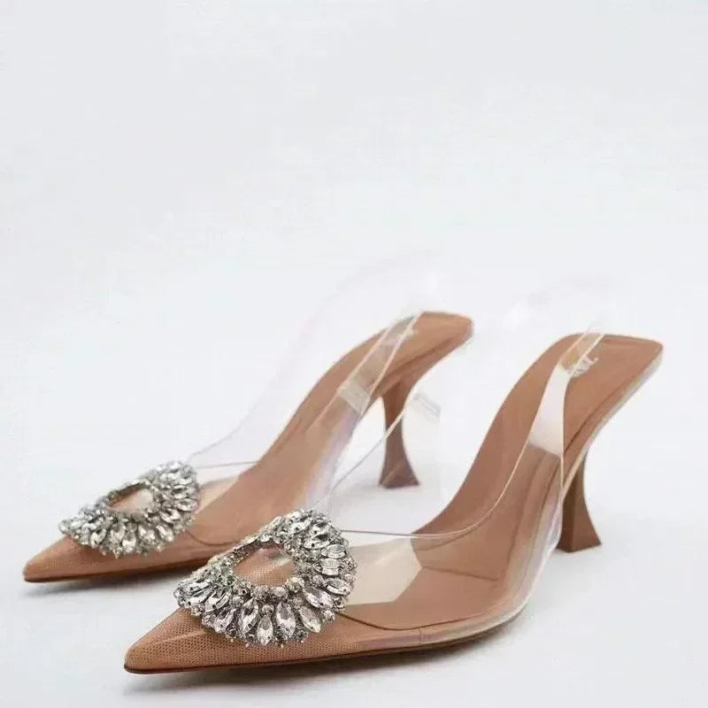 Women PVC Rhinestone Slingback Kitten Heel Shoes