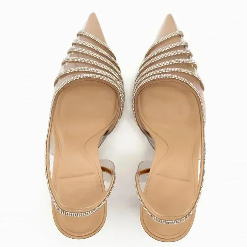 Women Rhinestone Pointed Block Heel Sandals