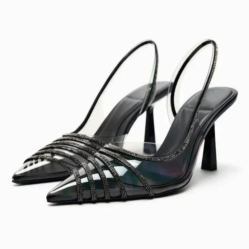 Women Rhinestone Pointed Block Heel Sandals