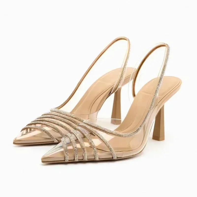 Women Rhinestone Pointed Block Heel Sandals
