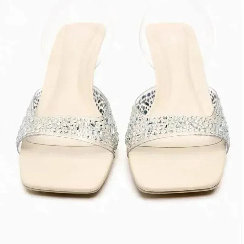 Women Square Toe Rhinestone Block Heel Sandals